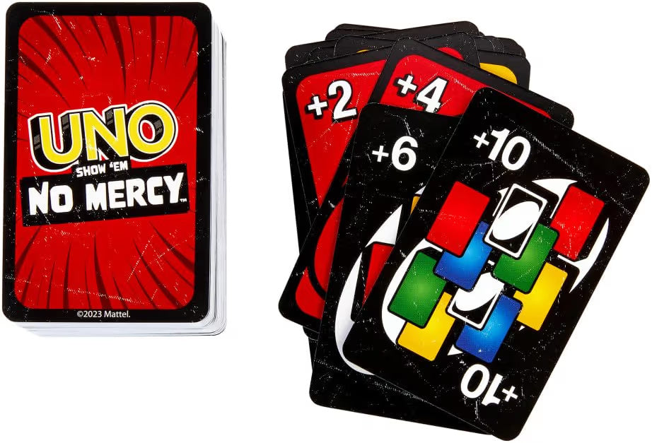Mattel Games UNO Show 'Em No Mercy card game for kids, adults and family parties and travels with extra cards, special rules and tough penalties.