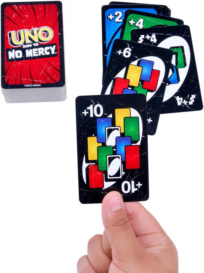 Mattel Games UNO Show 'Em No Mercy card game for kids, adults and family parties and travels with extra cards, special rules and tough penalties.