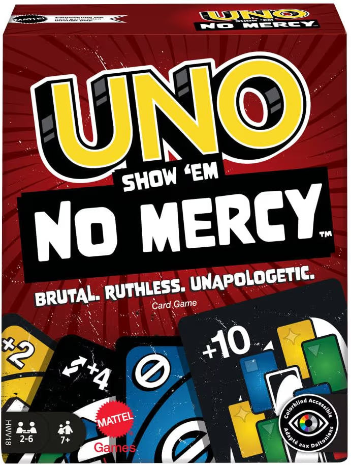 Mattel Games UNO Show 'Em No Mercy card game for kids, adults and family parties and travels with extra cards, special rules and tough penalties.