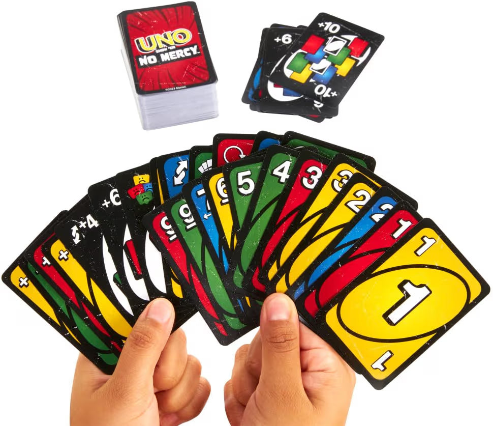 Mattel Games UNO Show 'Em No Mercy card game for kids, adults and family parties and travels with extra cards, special rules and tough penalties.