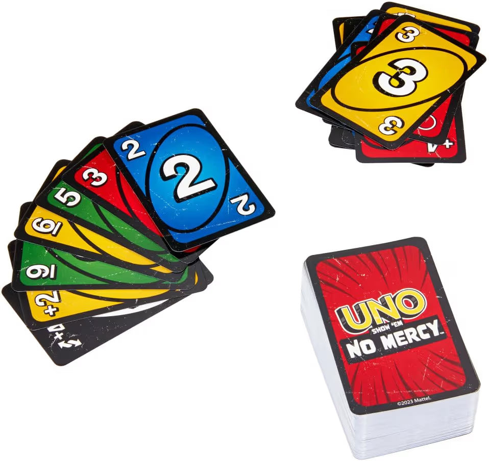 Mattel Games UNO Show 'Em No Mercy card game for kids, adults and family parties and travels with extra cards, special rules and tough penalties.