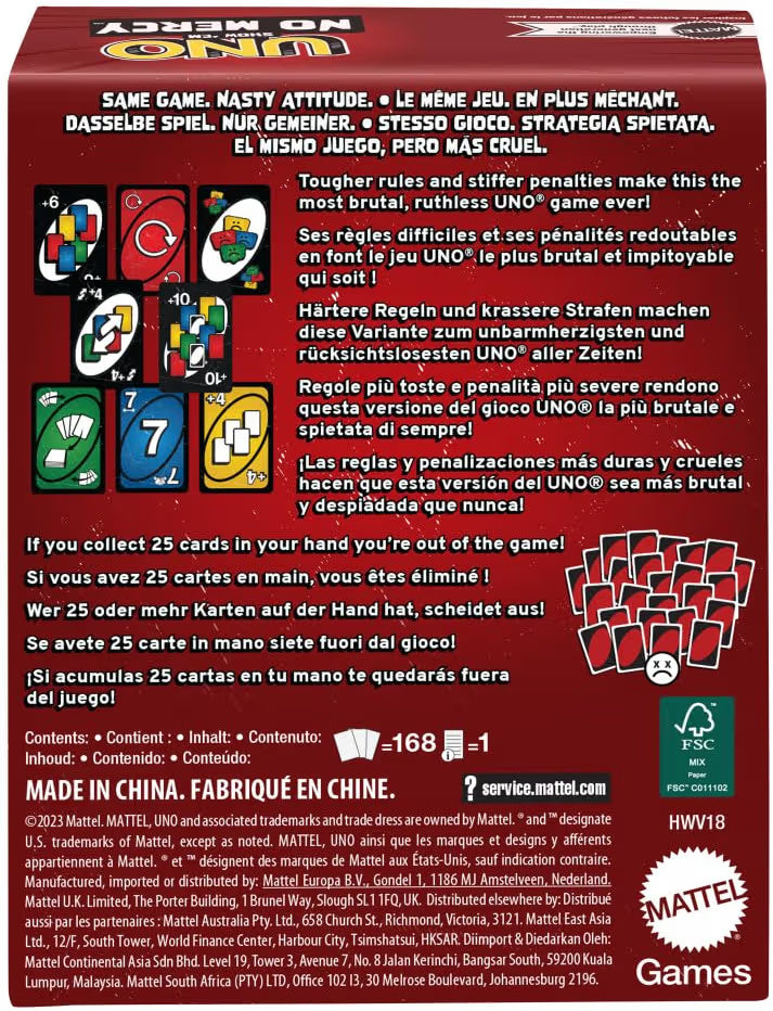 Mattel Games UNO Show 'Em No Mercy card game for kids, adults and family parties and travels with extra cards, special rules and tough penalties.