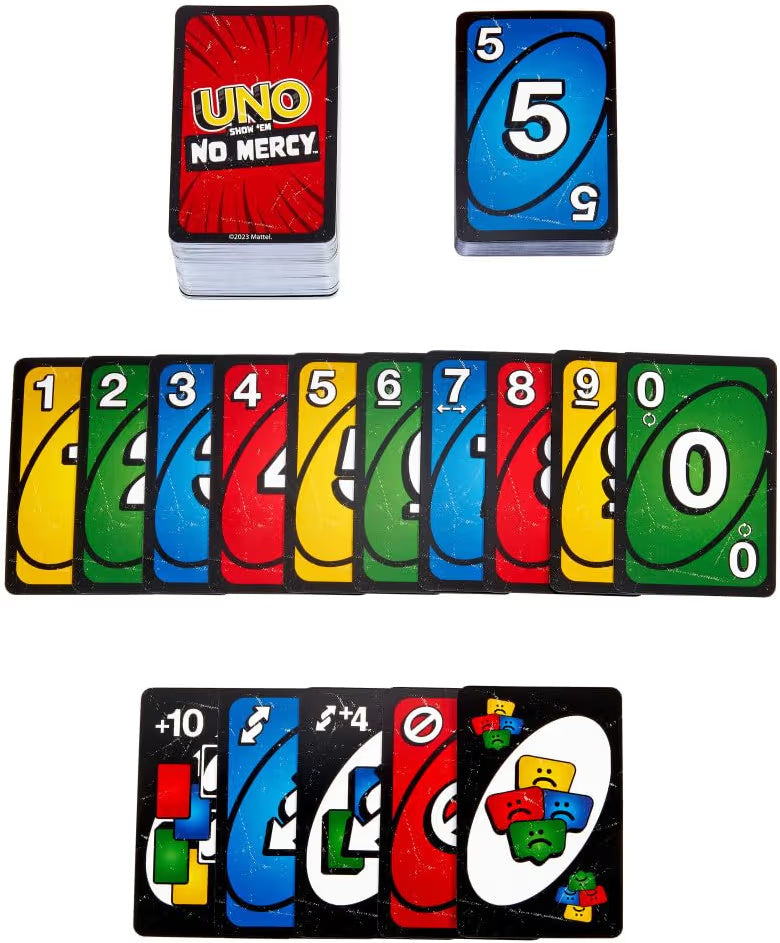 Mattel Games UNO Show 'Em No Mercy card game for kids, adults and family parties and travels with extra cards, special rules and tough penalties.